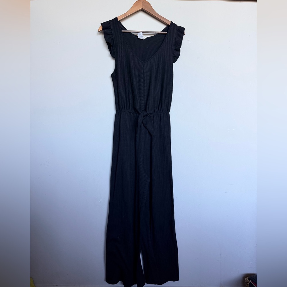 Black Ribbed Wide Leg Jumpsuit | size L
